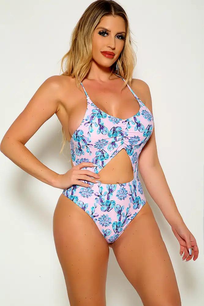 Sexy Pink Blue Floral Print Padded Two Piece Monokini - AMIClubwear