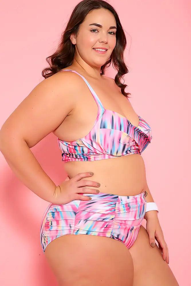 Sexy Pink Blue Printed Two Piece High Waist Plus Size Swimsuit - AMIClubwear