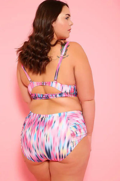 Sexy Pink Blue Printed Two Piece High Waist Plus Size Swimsuit - AMIClubwear