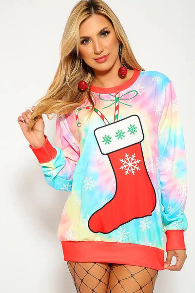 Sexy Pink Blue Tie Dye Christmas Pullover Ugly Sweater Sweatshirt - AMIClubwear