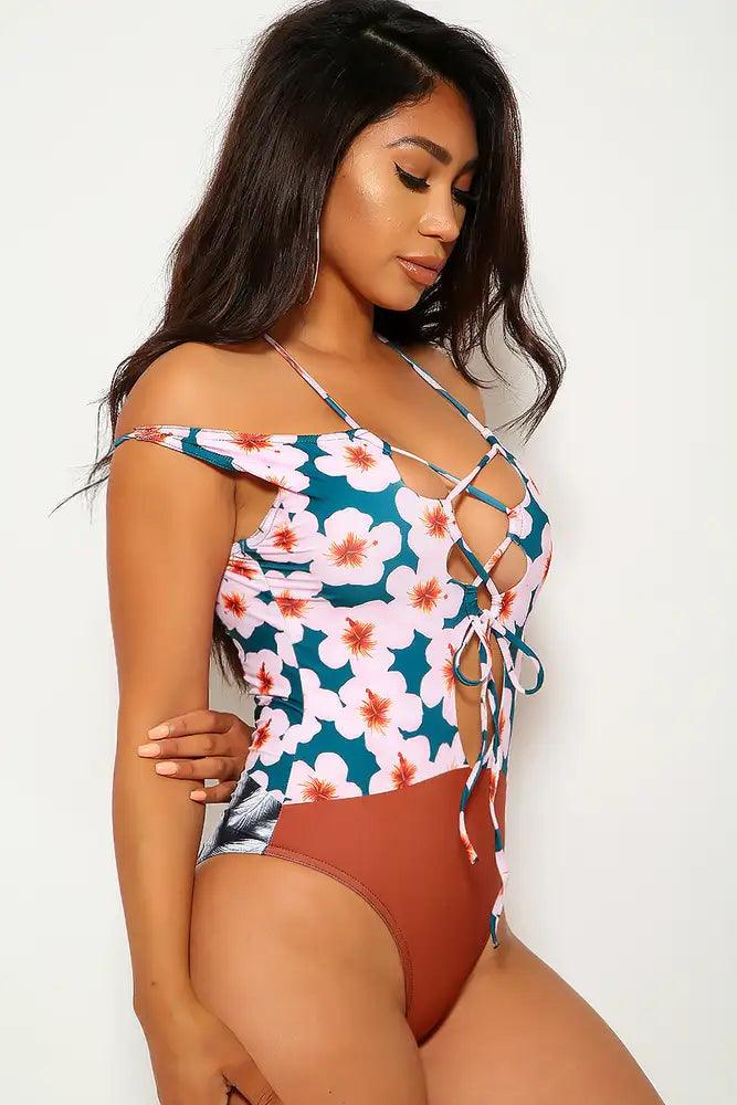 Sexy Pink Brown Floral Print Lace Up Monokini Swimsuit - AMIClubwear