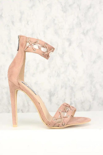 Sexy Pink Caged Open Toe Single Sole High Heels Faux Suede - AMIClubwear