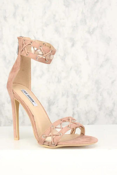 Sexy Pink Caged Open Toe Single Sole High Heels Faux Suede - AMIClubwear