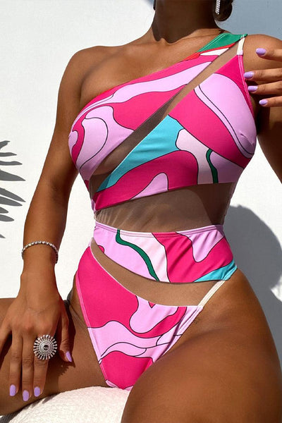 Sexy Pink Color Block Monokini With Mesh Cutout - AMIClubwear