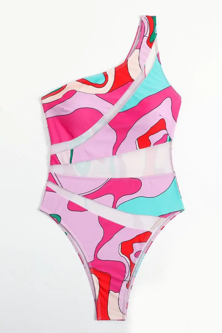 Sexy Pink Color Block Monokini With Mesh Cutout