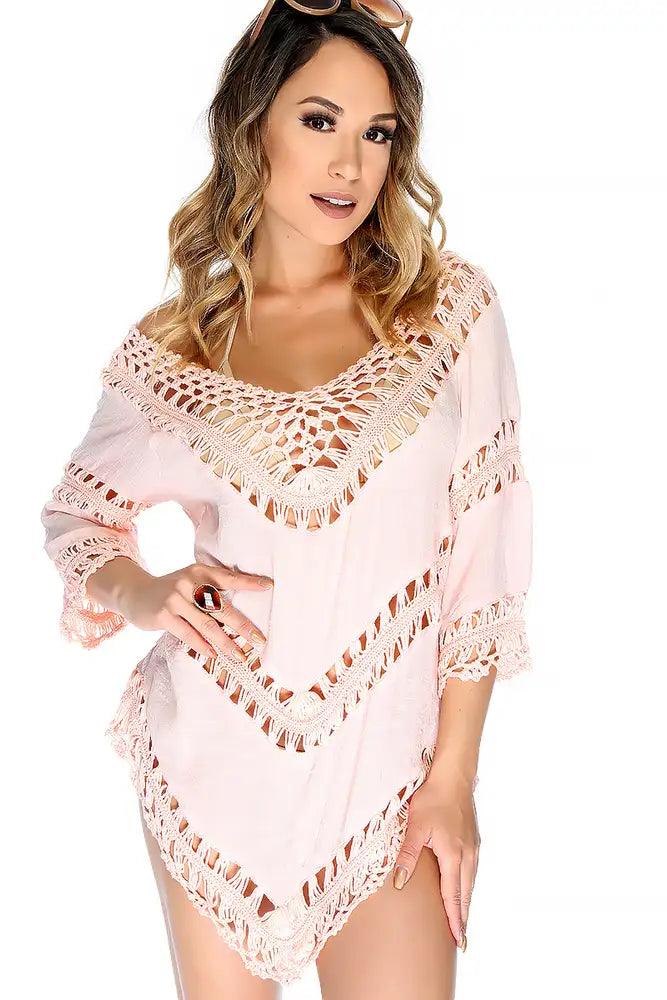 Sexy Pink Embroider Crochet Detail Swimsuit Cover Up - AMIClubwear