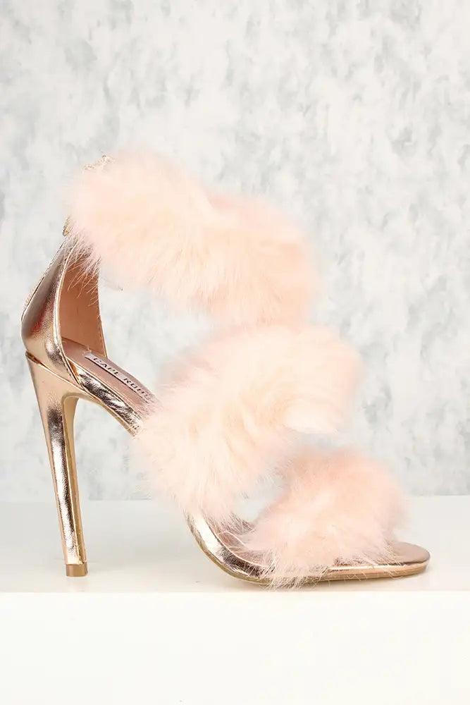 Sexy Pink Faux Fur Strappy Open Toe Single Sole Heels - AMIClubwear