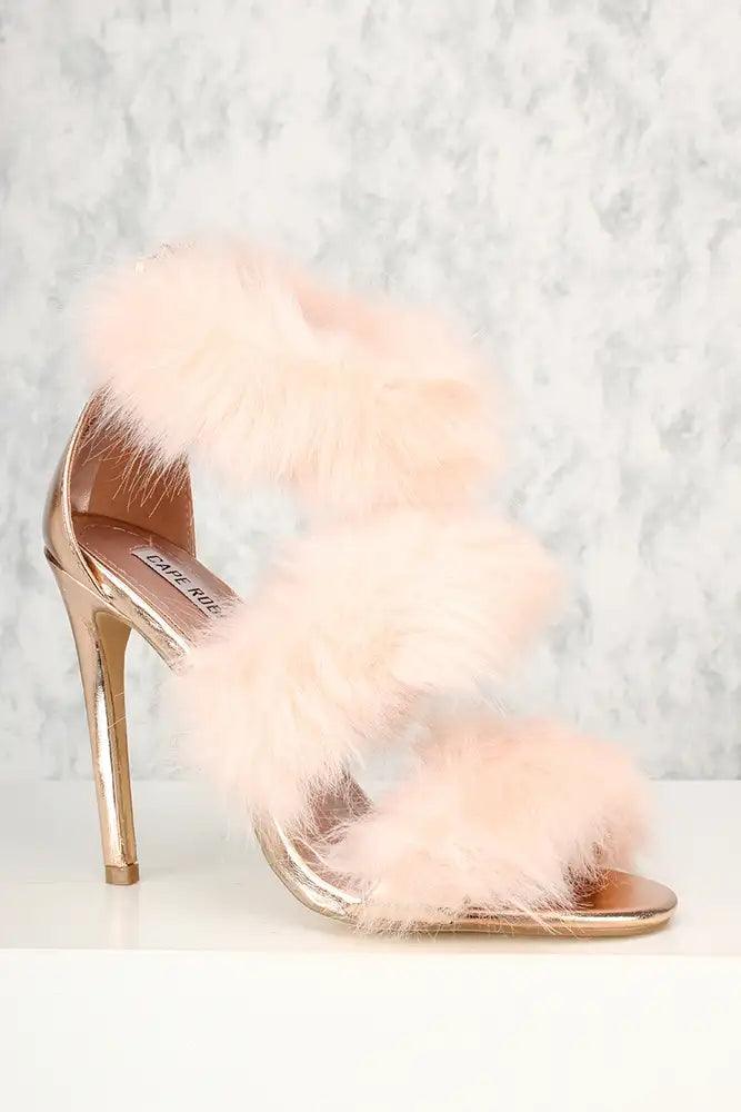 Sexy Pink Faux Fur Strappy Open Toe Single Sole Heels - AMIClubwear