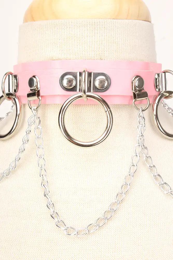 Sexy Pink Faux Leather Chain Choker Costume Accessory - AMIClubwear