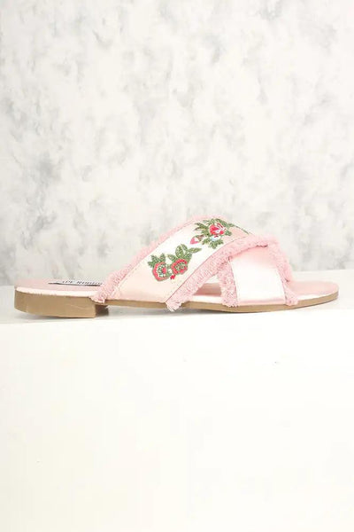 Sexy Pink Frayed Floral Embroidered Slip On Sandals Satin - AMIClubwear