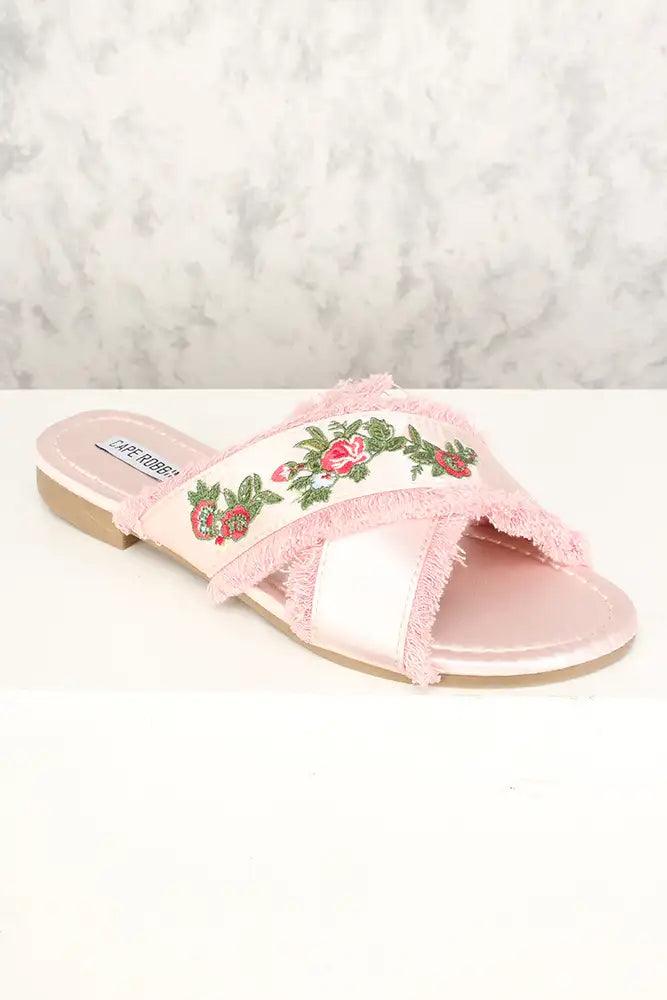 Sexy Pink Frayed Floral Embroidered Slip On Sandals Satin - AMIClubwear