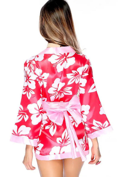Sexy Pink Fuschia Floral Print Traditional Japanese Kimono 3pc Sexy Costume - AMIClubwear