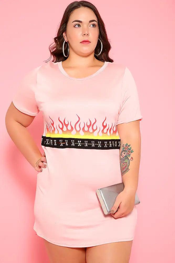 Sexy Pink Graphic Print Short Sleeves Plus Size Casual Top - AMIClubwear