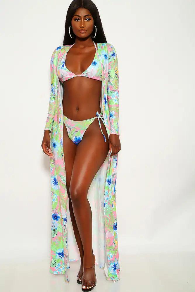 Sexy Pink Green Printed 3 Piece Swimsuit Set - AMIClubwear