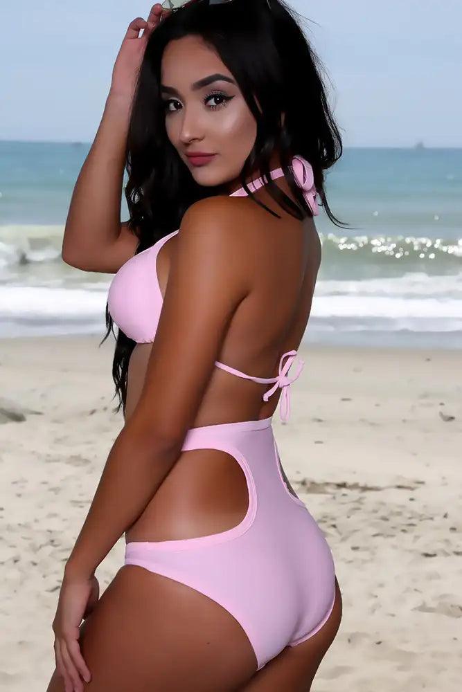 Sexy Pink Halter Strappy High Waist Cut Out Two Piece Swimsuit - AMIClubwear