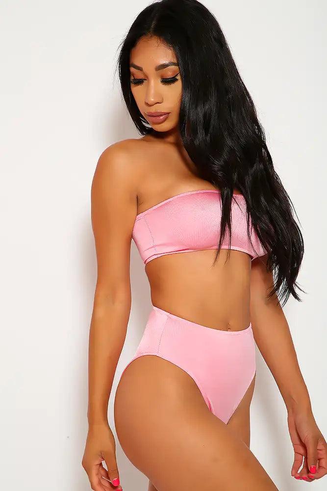 Sexy Pink High Shine Bandeau High Waisted Two Piece Swimsuit - AMIClubwear