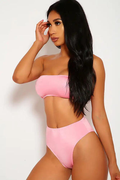 Sexy Pink High Shine Bandeau High Waisted Two Piece Swimsuit - AMIClubwear