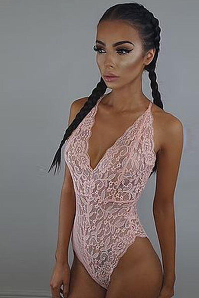 Sexy Pink Lace Bodysuit Imitates - AMIClubwear