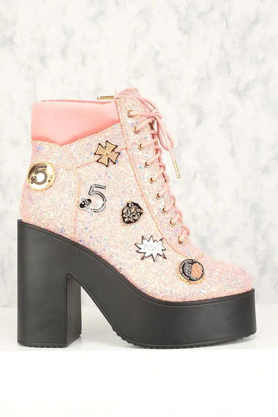 Sexy Pink Lace Up Chunky Heel Platform Booties Glitter - AMIClubwear