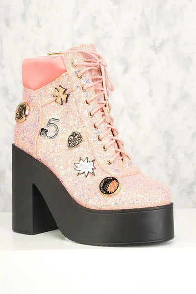 Sexy Pink Lace Up Chunky Heel Platform Booties Glitter - AMIClubwear