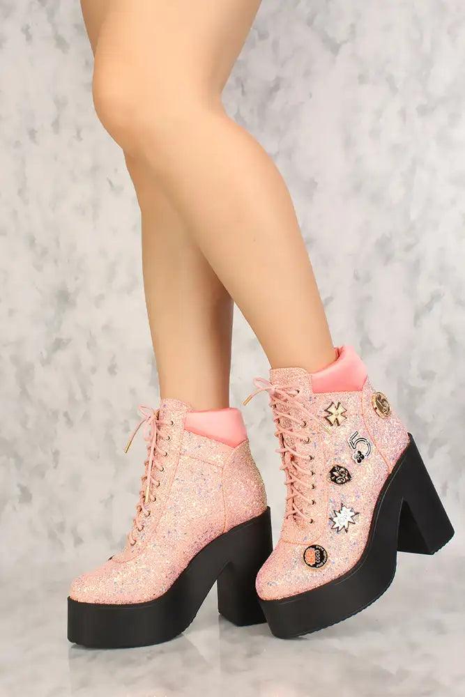 Sexy Pink Lace Up Chunky Heel Platform Booties Glitter - AMIClubwear