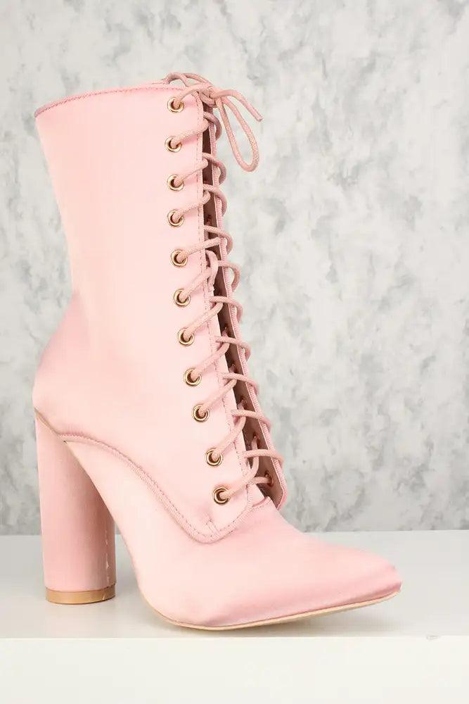Sexy Pink Lace Up Pointy Toe Chunky Heel Booties Satin - AMIClubwear