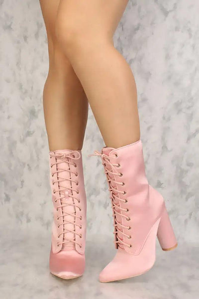 Sexy Pink Lace Up Pointy Toe Chunky Heel Booties Satin - AMIClubwear