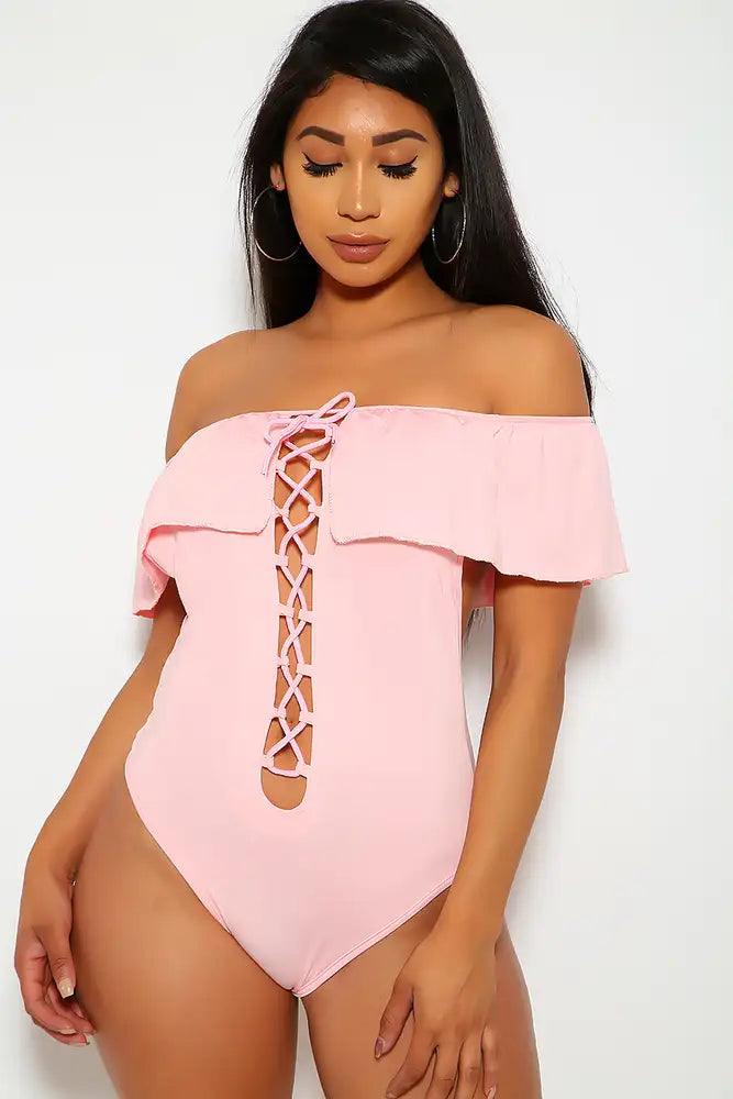 Sexy Pink Lace Up Ruffled One Piece Swimsuit - AMIClubwear