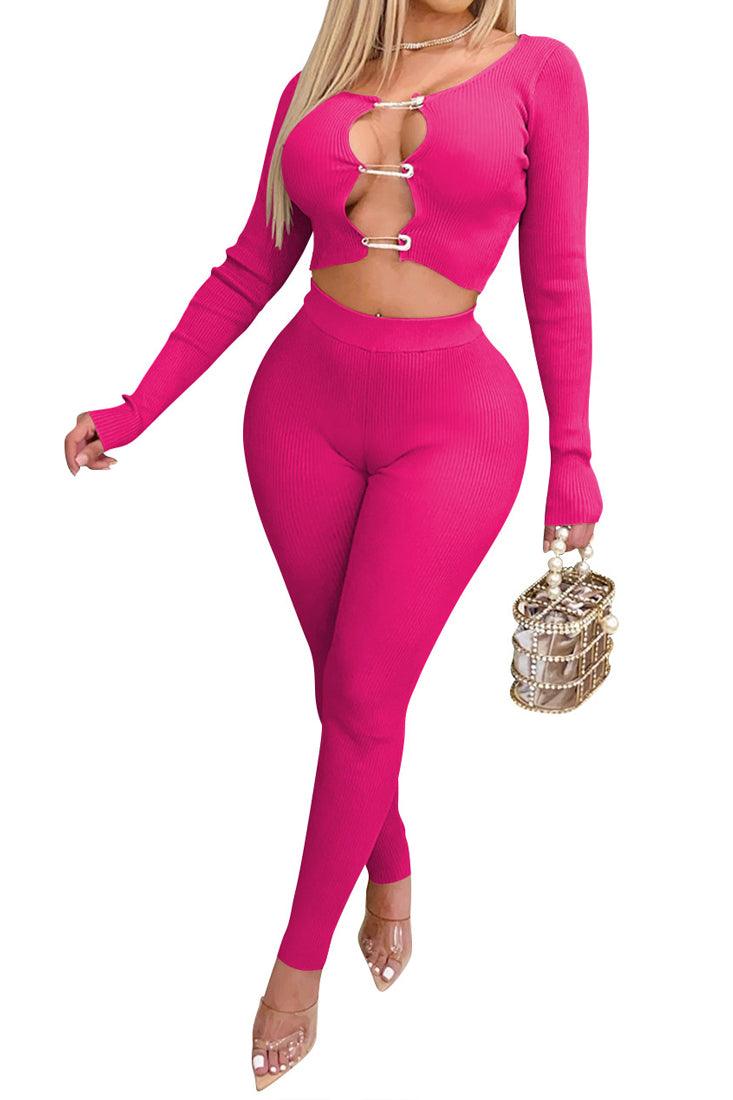 Sexy Pink Long Sleeve Two Piece Pants Outfit With Safety Pin Cleavage Top - AMIClubwear