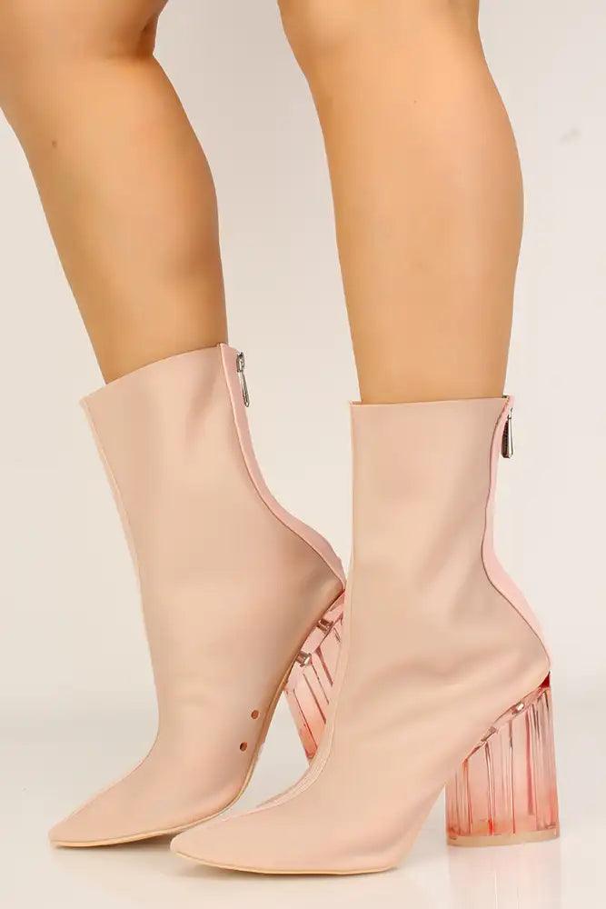 Sexy Pink Lycra Clear Chunky Heel Booties - AMIClubwear