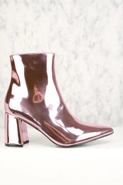 Sexy Pink Metallic Chunky Heel Mid Calf Booties Patent - AMIClubwear