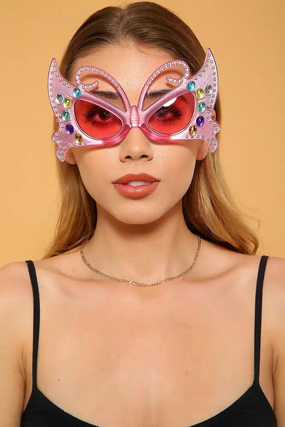 Sexy Pink Multi Tinted Rhinestone Butterfly Sunglasses - AMIClubwear