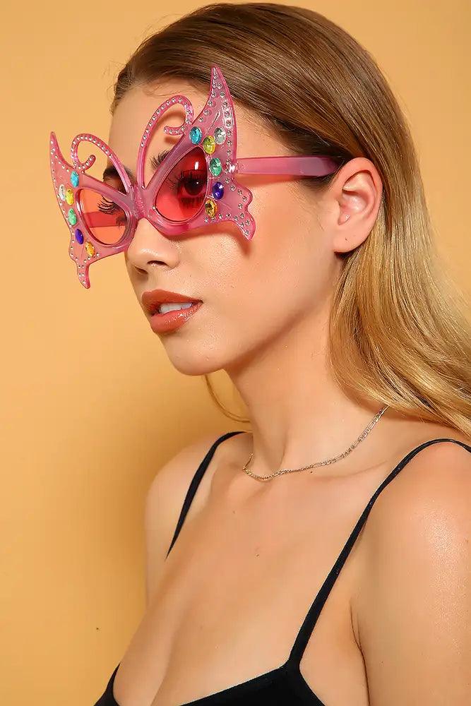 Sexy Pink Multi Tinted Rhinestone Butterfly Sunglasses - AMIClubwear