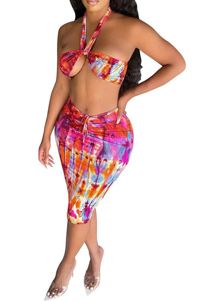 Sexy Pink Multi Two Piece Dress With Halter Top - AMIClubwear