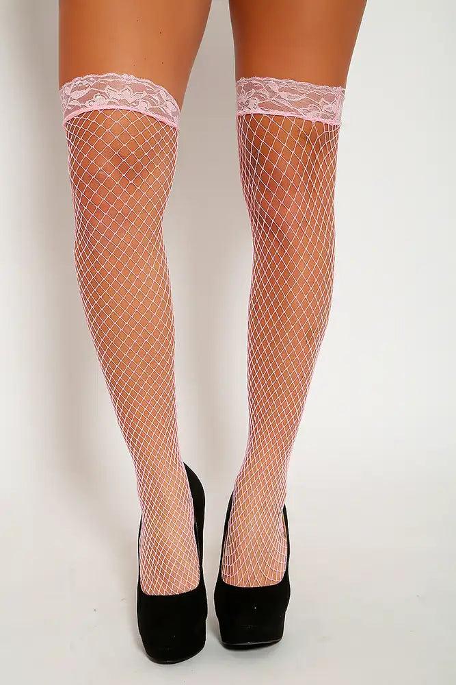 Sexy Pink Open Net Lace Thigh High Stockings - AMIClubwear