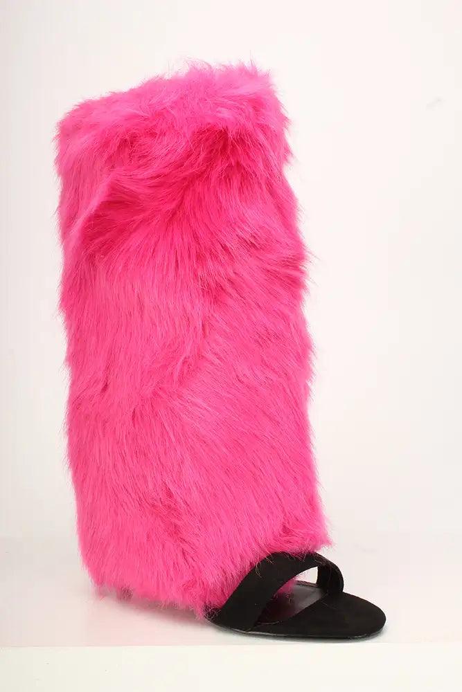 Sexy Pink Open Toe Faux Fur Mid Calf Boots - AMIClubwear