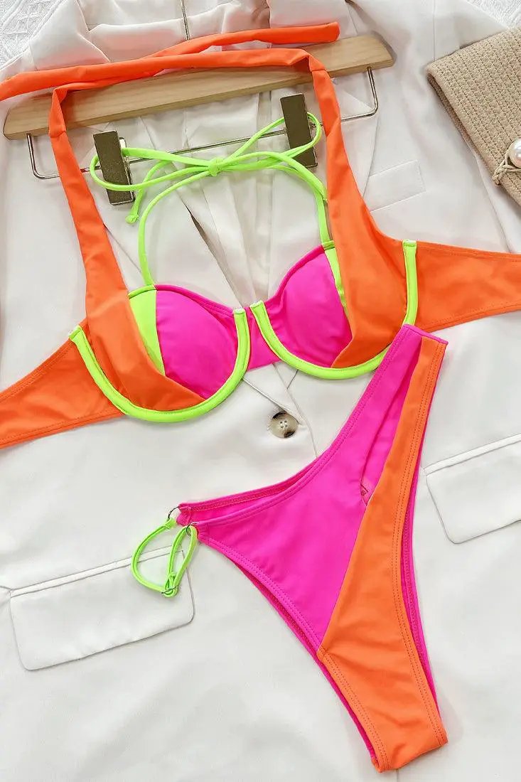 Sexy Pink Orange Yellow Color Block Cheeky Bikini