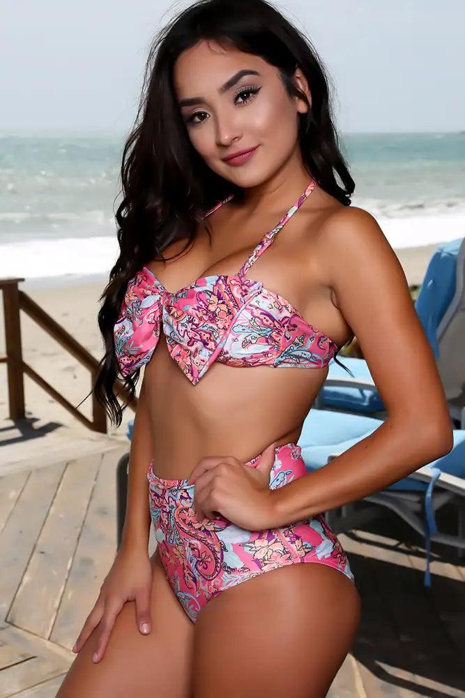 Sexy Pink Paisley Bow Detailing Halter Swim Suit - AMIClubwear