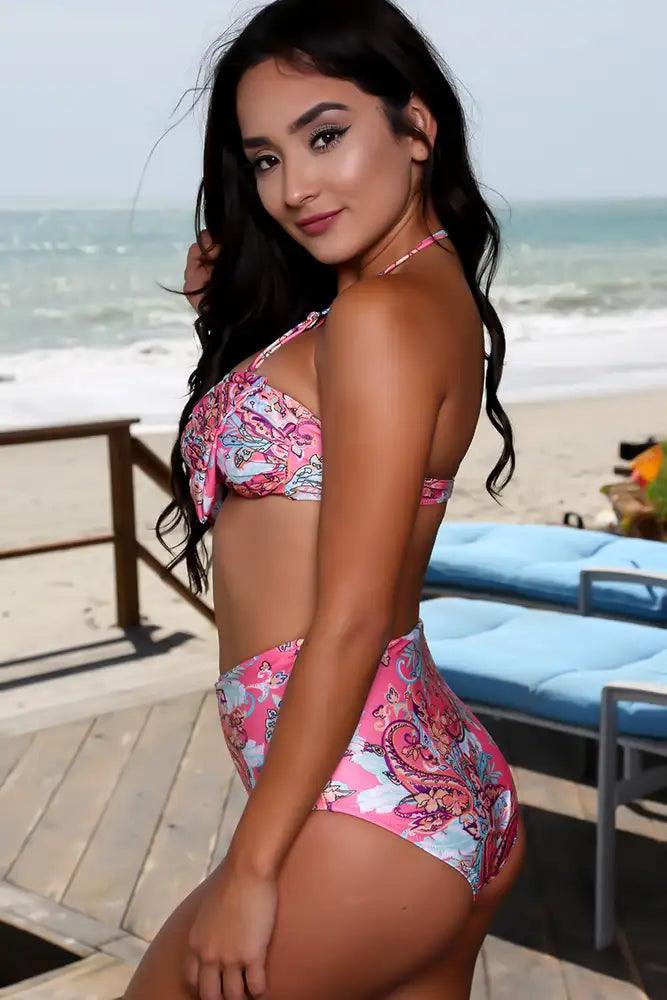 Sexy Pink Paisley Bow Detailing Halter Swim Suit - AMIClubwear