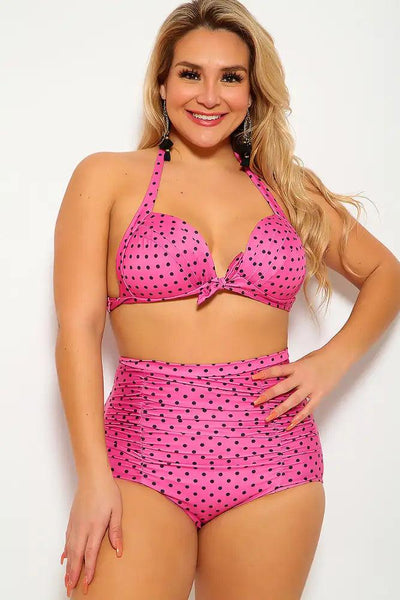 Sexy Pink Polka Dot High Waist Plus Size Swimsuit - AMIClubwear