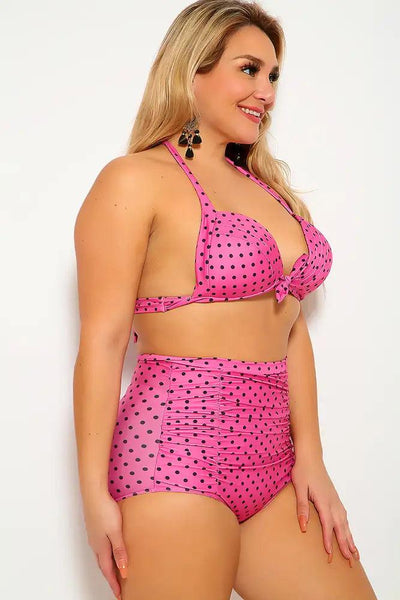 Sexy Pink Polka Dot High Waist Plus Size Swimsuit - AMIClubwear