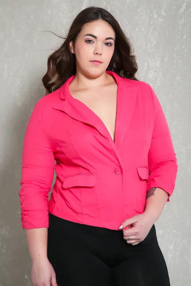 Sexy Pink Quarter Sleeves Plus Size Blazer - AMIClubwear