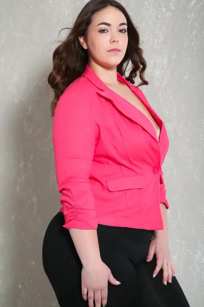 Sexy Pink Quarter Sleeves Plus Size Blazer - AMIClubwear