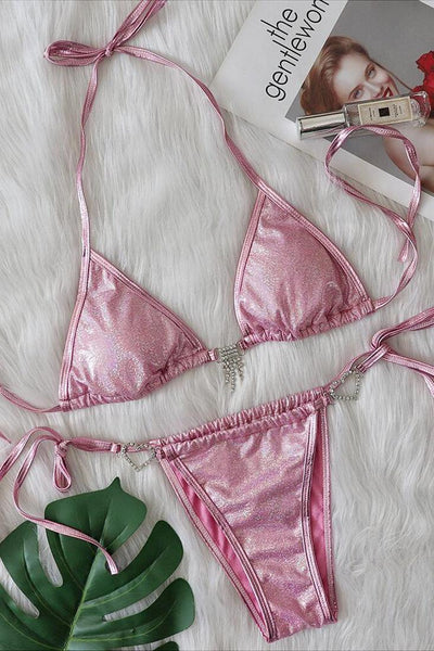 Sexy Pink Rhinestone Two Piece Swimsuit - AMIClubwear