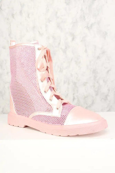 Sexy Pink Shimmer Netted Lace Up High Top Combat Boots Patent - AMIClubwear