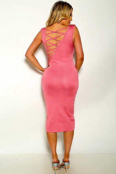 Sexy Pink Sleeveless Criss-Cross Side Slit Party Dress - AMIClubwear