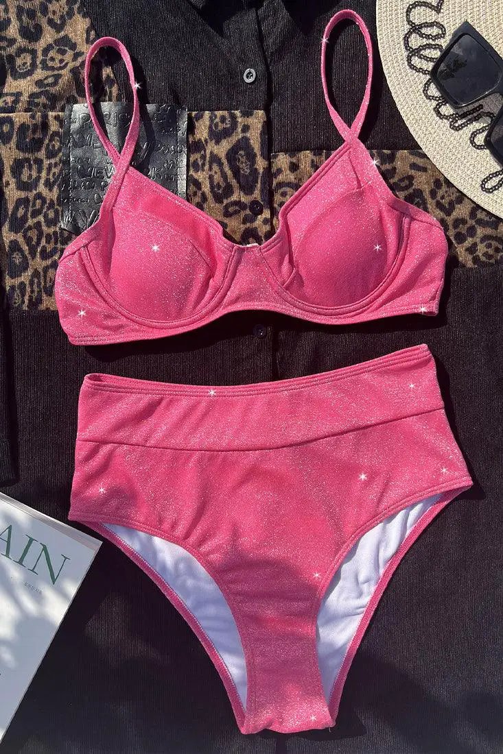 Sexy Pink Sparkly High Waist 2pc Bikini
