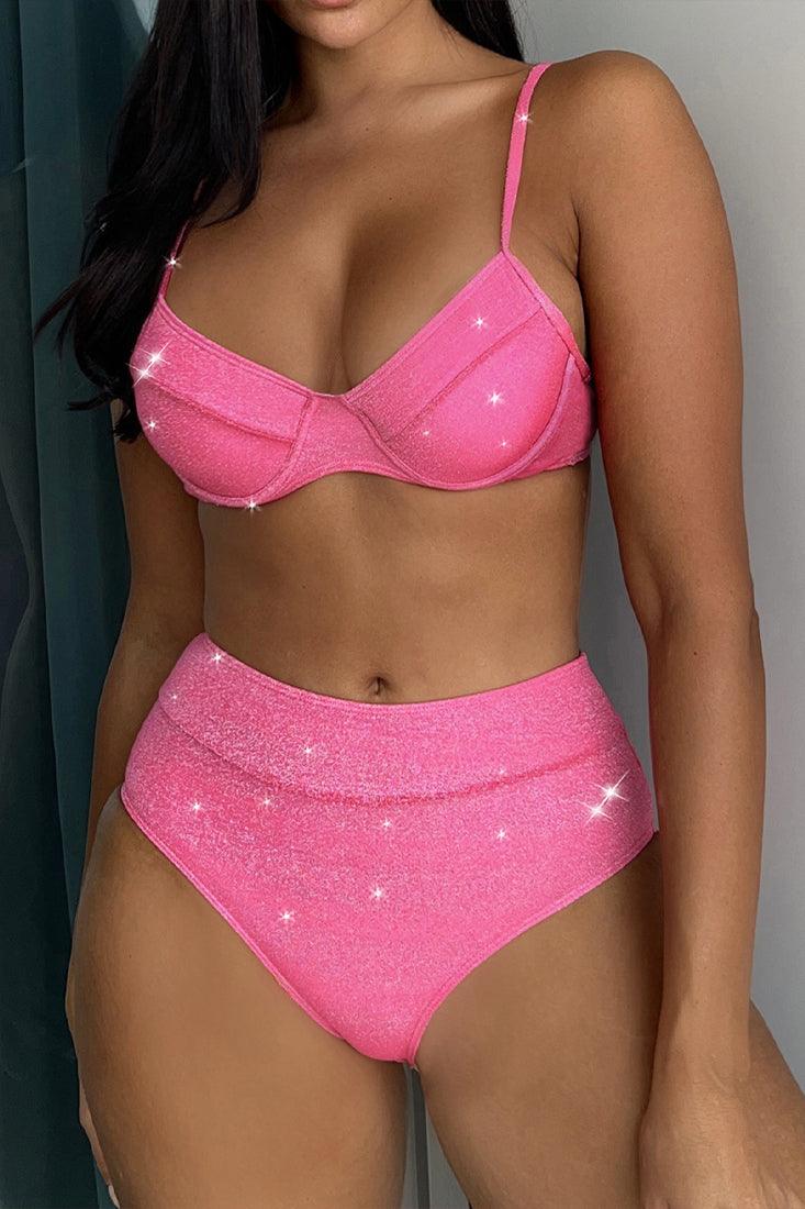 Sexy Pink Sparkly High Waist 2pc Bikini - AMIClubwear