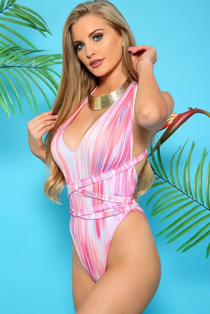 Sexy Pink Strappy Cheeky One Piece Swimsuit - AMIClubwear