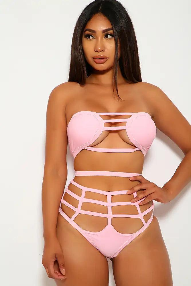 Sexy Pink Strappy Cut Out High Waist Swimsuit - AMIClubwear